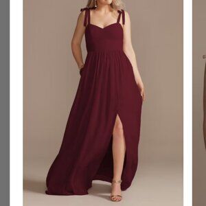 David's Bridal Bridesmaid Dress: Chiffon Sweetheart with Ties in Wine - Size 18